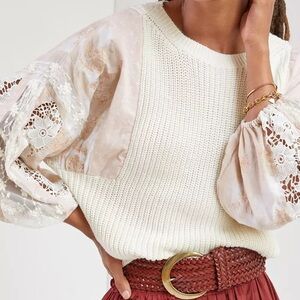 Pilcro Anthropologie Boho Martine Lace Peasant-Sleeve Sweater Size Women’s XS